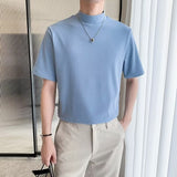 Ilooove Fashion Half Turtleneck Design T Shirts Men Y2K Style Loose Solid Short Sleeve T-shirt Streetwear Summer Mens New Design Tee Top