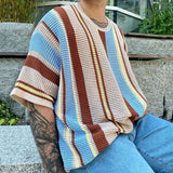 Casual Breathable Hollow Out Knit T-shirts Men Summer Fashion Short Sleeve O-Neck Jumper Top Mens Vintage Stripe Knitted T Shirt