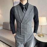 Double breasted gray plaid vest men's suit set with striped vest business suit