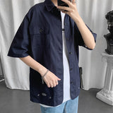 Shirts Men Summer Cargo Clothing Harajuku Fashion Ins Handsome All-match Baggy Stylish College Multi Pockets Popular Streetwear