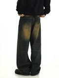 Plus Size Green Wash Baggy Jeans Men Adjust-waist Wide Leg Casual Pants Vintage Y2k Trousers Biker Moto Streetwear