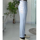 Spring Seersucker High Waist Straight Pants British Petty Bourgeoisie Blue Stripe Italian Casual Trousers Men Pantalones Hombre