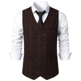 Ilooove Men Business Waistcoat Sleeveless Pockets Single Breasted Slim Fit Suit Vest Coat Plaid Print Work Waistcoat