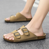 Ilooove Men's Black Leather Sandals Summer Casual Men Beach Sandals Roman Style High Quality Non-slip Flat Slides Fashion Male Shoes