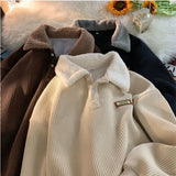 Ilooove Men's Corduroy Polo Shirt Sweater Women's Autumn Winter Fleece Thick Coat Turndown Collar Buttons Long Sleeves Warm Tops