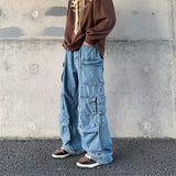 Multi-Pocket Washed Cargo Pants Men Y2K New Retro High Street Fashion High Waist Jeans Couple Harajuku Casual Wide Leg Pants Men