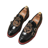 Ilooove Loafers Men PU Shallow Embroidery Applique Belt Buckle Decoration Slip-On Casual Shoes Low Heel Comfortable Classic Men Shoes