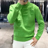 Ilooove Men's Clothing Green Knit Sweater Male Letter Plain Solid Color Pullovers Sheap Korean Fashion Classic Jumpers A Overfit Heated