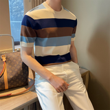 Korean Style Summer Short Sleeve Patchwork Striped Knit T-shirt Mens Round Neck Slim Fit Casual High-quality Knitted T Shirt