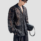 Sexy Men Shirts Black Feather Hollowed Out Sequin Lapel Long Sleeve Streetwear Transparent Button Men Clothing Fashion Camisas