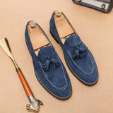 Men British Loafers Solid Color Faux Suede Stitches Round Toe Tassel Slip On Classic Fashion Business Casual Wedding Dress Shoes