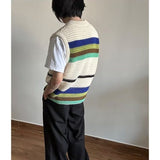 Japanese Retro Contrast Color Hollow Knitted Vest Men Summer Thin Section Loose Casual Harajuku Pullover Men Ins Striped Vest