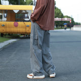 Vintage Cargo Pants Men Fashion Streetwear Pockets Wide Leg Straight Y2k Casual Trousers Baggy Drawstring Overalls Black/Gray