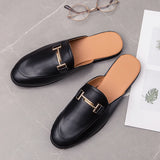 Ilooove Fashion Men's slip-on half Slippers High Quality Leather men shoes classic Mules Non-slip half shoes Summer white Moccasins