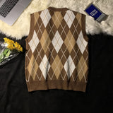 Ilooove Men Sweater Vests Plaid Autumn Winter Retro Loose Couples Sleeveless Knitted Tops Chic V-neck Korean Style Soft Ins Casual Male