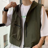 Summer Men's Tide Techwear Waistcoat Fashion High Street Hooded Sports Harakuju Simple Handsome Leisure Spring Vest 12A8924