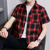 Half Sleeve Man Tops Red Plaid Shirts and Blouses for Men Silk S Cotton Cheap Brand Hipster Korean Style Designer Asia Clothing