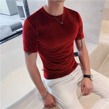 2023 Spring Summer Korean Version Men's Trend Slimming Short Sleeve Round Neck Solid Color Striped Printed Fashion Youth T-shirt