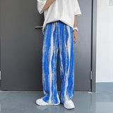 2023 Summer New Unisex Tie Dye Striped Casual Pants Ice Silk Elastic Waist Pants Streetwear Cool Wide Leg Trousers for Womem Men