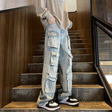 Harajuku Muti-pockets Cargo Jeans Men's Washed Patchwork Straight Casual Trousers Couple Streetwear Loose Fashion Pants