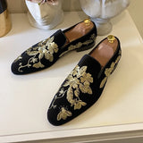 Ilooove New Loafers for Men Flock Embroider Black Casual Shoes Slip-On Breathable Handmade Mens Dress Shoes Size 38-48