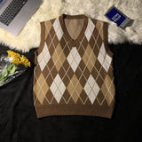 Ilooove Men Sweater Vests Plaid Autumn Winter Retro Loose Couples Sleeveless Knitted Tops Chic V-neck Korean Style Soft Ins Casual Male