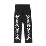 High Street Thorns Print Spliced Straight Black Men's Jeans Pants Retro Pockets Hip Hop Baggy Casual Oversized Denim Trousers