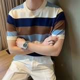 Korean Style Summer Short Sleeve Patchwork Striped Knit T-shirt Mens Round Neck Slim Fit Casual High-quality Knitted T Shirt