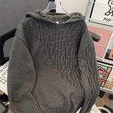 Ilooove American Autumn and Winter Men and Women Trend Woven Design Hooded Sweater Couple Loose Retro Gray Loose Casual Top Harajuku Y2k