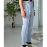 Spring Seersucker High Waist Straight Pants British Petty Bourgeoisie Blue Stripe Italian Casual Trousers Men Pantalones Hombre