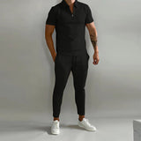 Casual Men's Two Piece Suits 2023 Spring Summer Short Sleeve Lapel Zipper Tops And Pants Set Men Fashion Solid Color Tracksuits