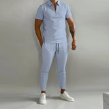 Casual Men's Two Piece Suits 2023 Spring Summer Short Sleeve Lapel Zipper Tops And Pants Set Men Fashion Solid Color Tracksuits