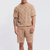 Fashion Hollow Out Solid Color Knit Men's Two Piece Sets Summer Casual Short Sleeve O Neck Tee And Shorts Suits Men Streetwear