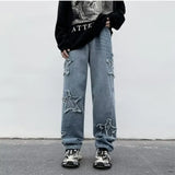 American Retro Jeans Five-point Star Raw Edge Splicing Loose Wide-leg Jeans men Look Thin Trendy All-match Mopping Pants men