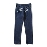 Dog Print Straight Loose Jeans Mens Retro High Street Oversize Casual Denim Trousers Harajuku Washed Hip Hop Jean Pants