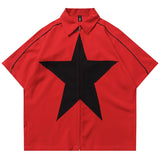 Ilooove Star Splicing Shirts Oversized Harajuku Streetwear Hip Hop Shirts Men Fashion Casual Loose Zip Up Blouse Y2K Red Black Summer