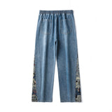 2023 New Men's Jeans Baggy Bear Printed Wide Leg Pants Men's Hip Hop Street Loose Denim Pants Elastic Waist Lace Up Casual Pants