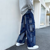 Washed Cargo Jeans Fashion Splice Pants Plus Size Wide Leg   Pants Large Pocket Waist Elastic Hip Hop Streetwear Cowboy Trousers