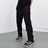 Spring Retro Ripped Stars Letter Embroidery Black Casual Jeans Straight Pockets Washed Streetwear Mens Denim Trousers