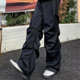 Solid Color Ruched Elastic Waist Men's Cargo Pants Straight Streetwear Pleated Casual Overalls Baggy Black Loose Trousers