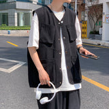 Men Vests Sleeveless Cargo Spring Fashion Multi-pockets V-neck Button Up Streetwear Teenagers Harajuku Jackets Males Waistcoats