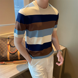 Korean Style Summer Short Sleeve Patchwork Striped Knit T-shirt Mens Round Neck Slim Fit Casual High-quality Knitted T Shirt