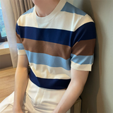 Korean Style Summer Short Sleeve Patchwork Striped Knit T-shirt Mens Round Neck Slim Fit Casual High-quality Knitted T Shirt