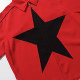 Ilooove Star Splicing Shirts Oversized Harajuku Streetwear Hip Hop Shirts Men Fashion Casual Loose Zip Up Blouse Y2K Red Black Summer