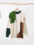 Man Panelled Contrast O-neck Sweater Autumn Winter Vintage Loose  Long Sleeves Knitted Pullover Fashion Casual Male Jumper