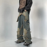 American Streetwear Washed and Old Cargo Pants Men Men Spring and Summer Hip Hop Baggy Jeans Raw Edge Straight Wide Leg Pants