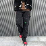 2023 Streetwear Graffiti Cargo Flared Jeans Khaki Black Splash Ink Wide Leg Denim Pant Hip Hop Cargo Trousers Jean Men