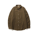 Ilooove Spring Japanese Retro Brown Striped Shirts for Men and Women Loose Long-sleeved Pocket Button Lapels Casual Men Shirt Jackets