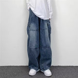 Men Denim Pants Bottoms Baggy Cargo Jeans Solid Color Relaxed Fit Mid Waist Denim Trousers  Streetwear