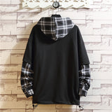 Black Patchwork Hoodies Autumn Spring Men's Sweatshirts Hiphop Punk Streetwear Casual Pullover 2023 New Plaid Hoodies